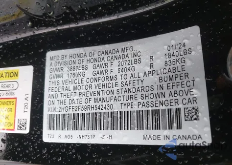 2024 Honda Civic Sport z USA, uszkodzony, nr VIN 2HGFE2F59RH542430